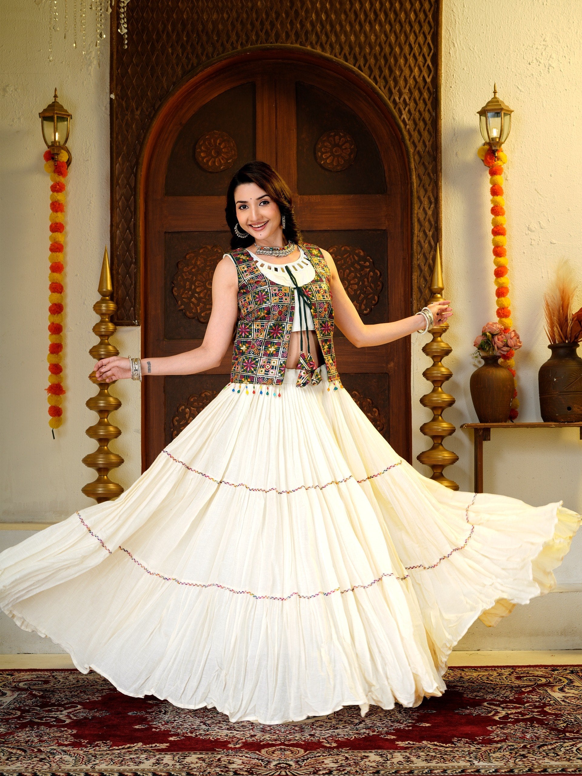 Ivory White Kora Cotton 9 Meter Flared Lehenga Choli with Mirror Work Shrug