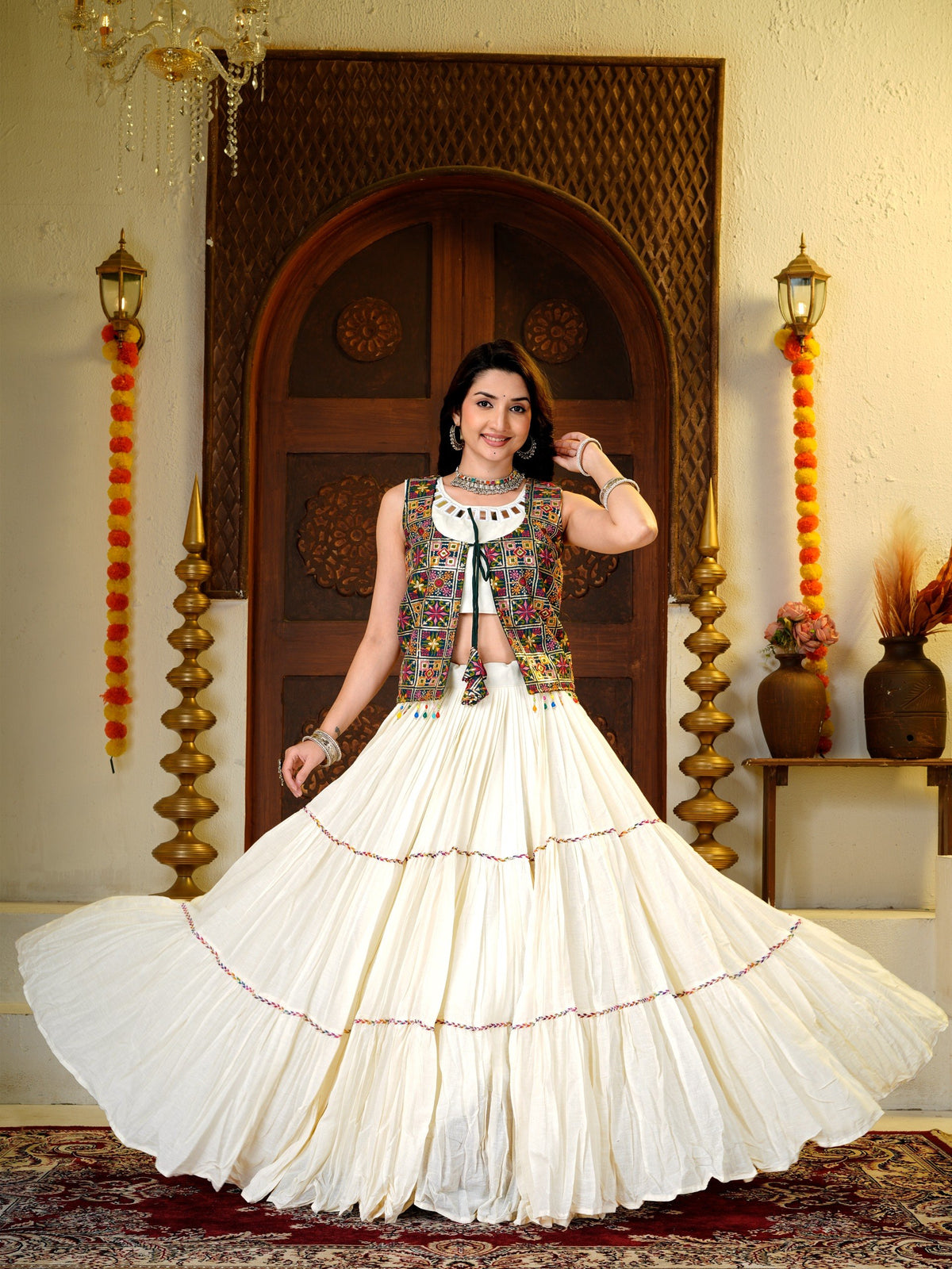Ivory White Kora Cotton 9 Meter Flared Lehenga Choli with Mirror Work Shrug