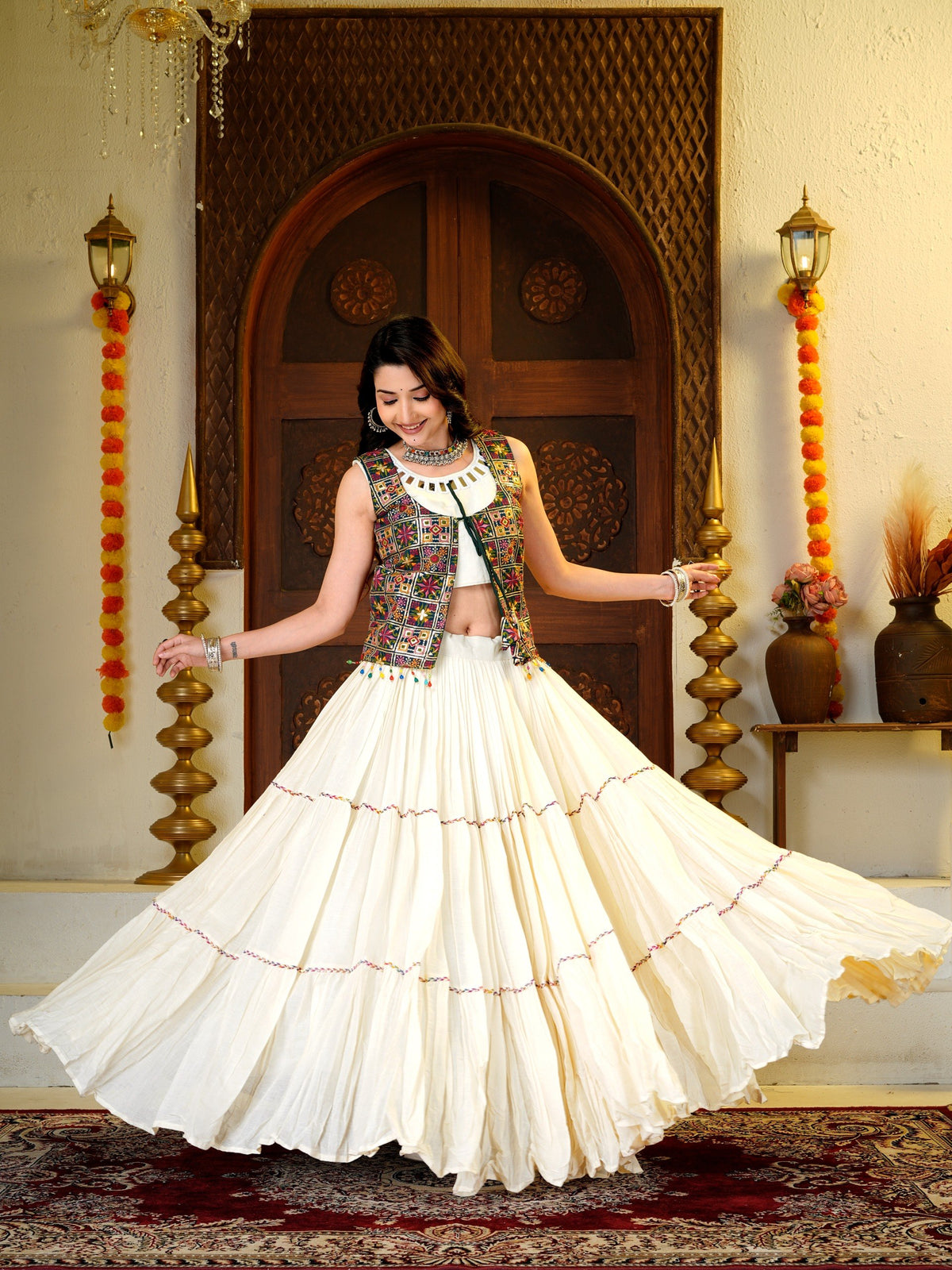 Ivory White Kora Cotton 9 Meter Flared Lehenga Choli with Mirror Work Shrug