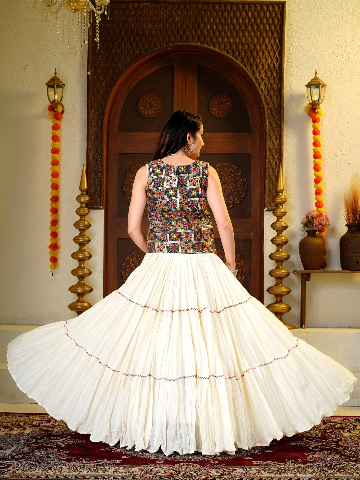 Ivory White Kora Cotton 9 Meter Flared Lehenga Choli with Mirror Work Shrug