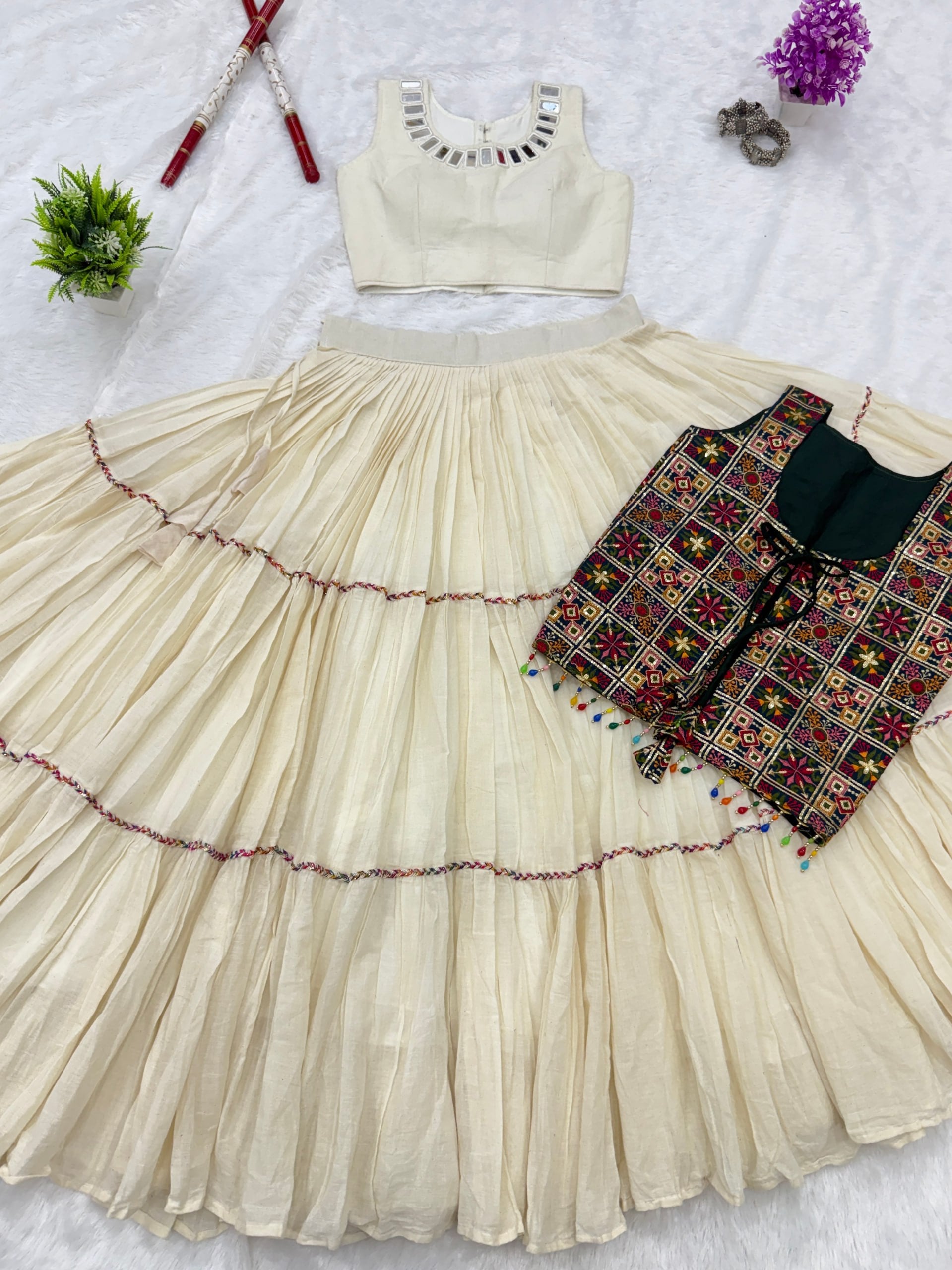 Ivory White Kora Cotton 9 Meter Flared Lehenga Choli with Mirror Work Shrug