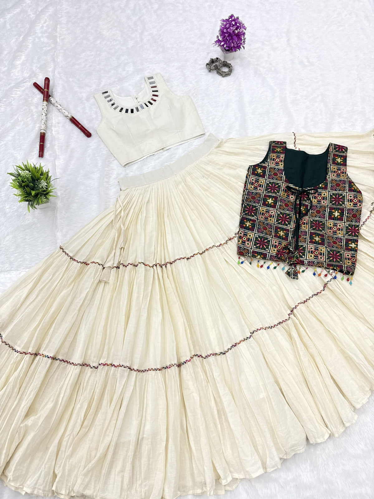Ivory White Kora Cotton 9 Meter Flared Lehenga Choli with Mirror Work Shrug