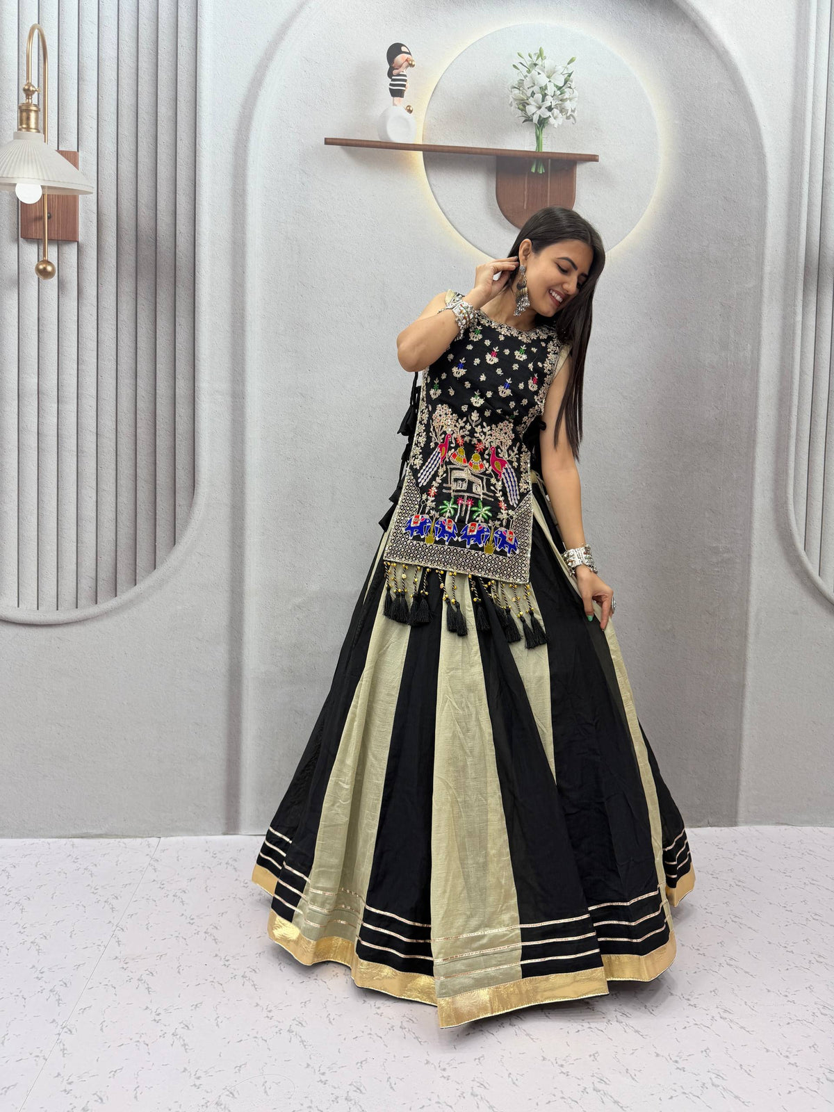 Black & Champagne Gold Vichitra Silk Embroidered Lehenga Choli with Heavy Work Shrug