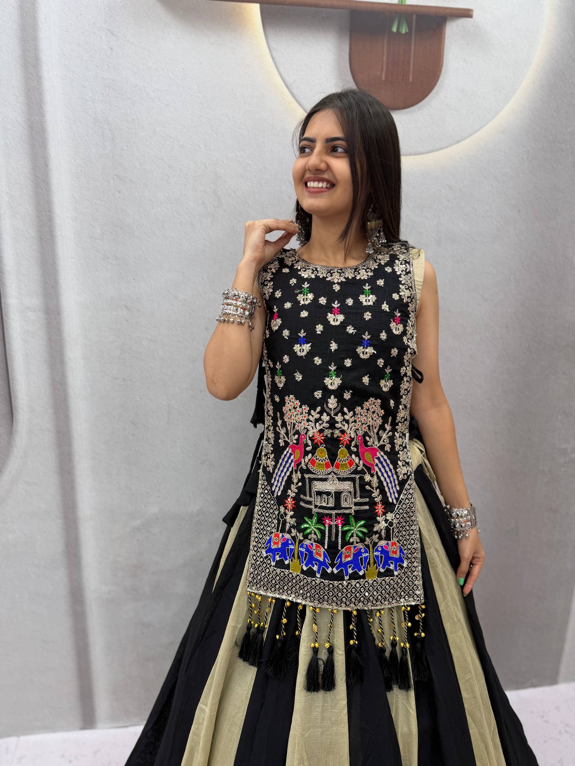 Black & Champagne Gold Vichitra Silk Embroidered Lehenga Choli with Heavy Work Shrug