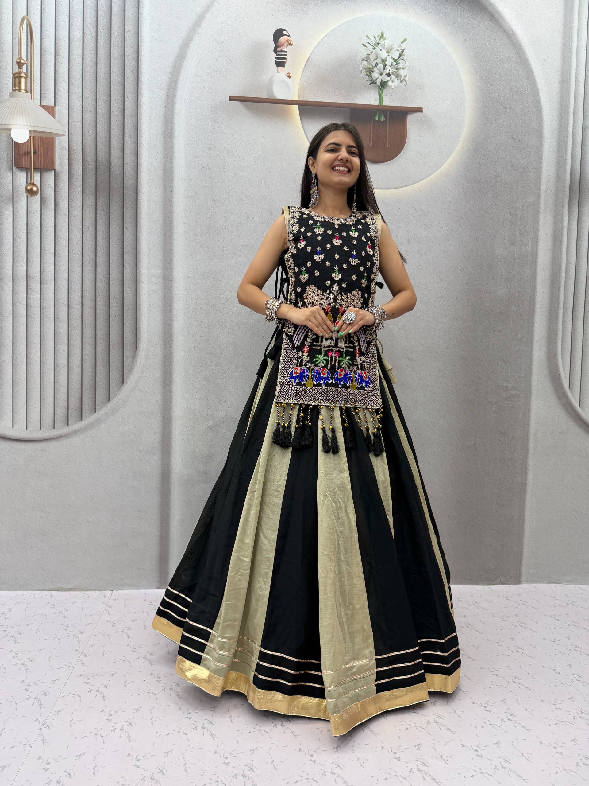 Black & Champagne Gold Vichitra Silk Embroidered Lehenga Choli with Heavy Work Shrug