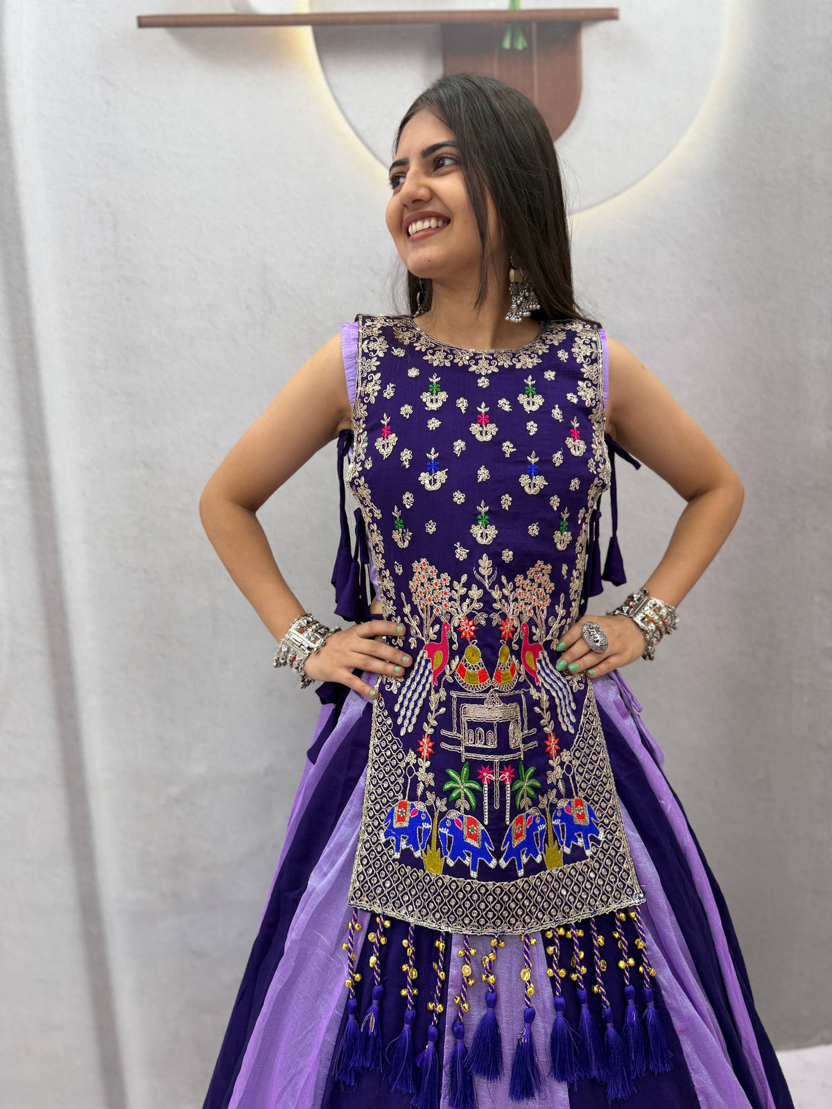 Royal Purple & Lavender Vichitra Silk Embroidered Lehenga Choli with Heavy Work Shrug