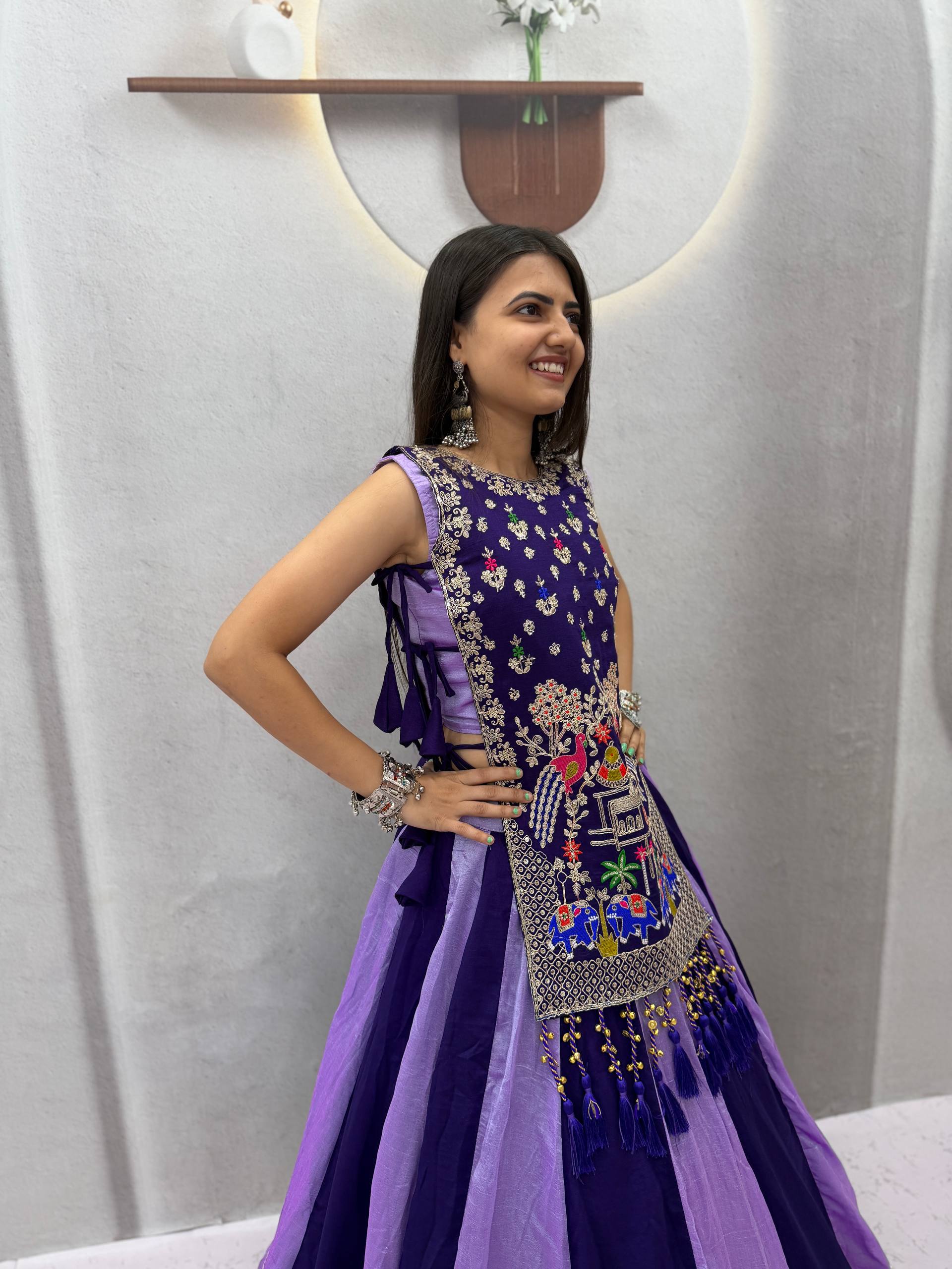 Royal Purple & Lavender Vichitra Silk Embroidered Lehenga Choli with Heavy Work Shrug
