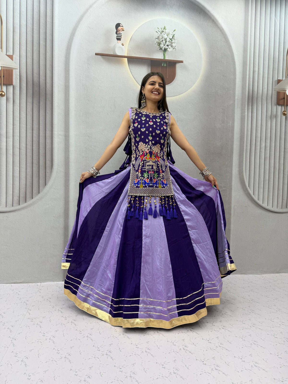 Royal Purple & Lavender Vichitra Silk Embroidered Lehenga Choli with Heavy Work Shrug