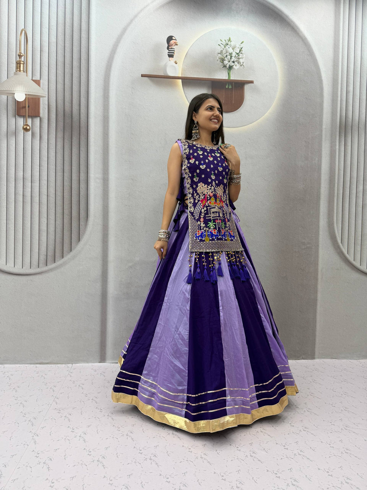 Royal Purple & Lavender Vichitra Silk Embroidered Lehenga Choli with Heavy Work Shrug