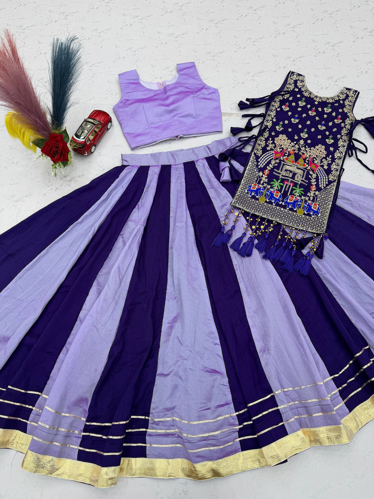 Royal Purple & Lavender Vichitra Silk Embroidered Lehenga Choli with Heavy Work Shrug