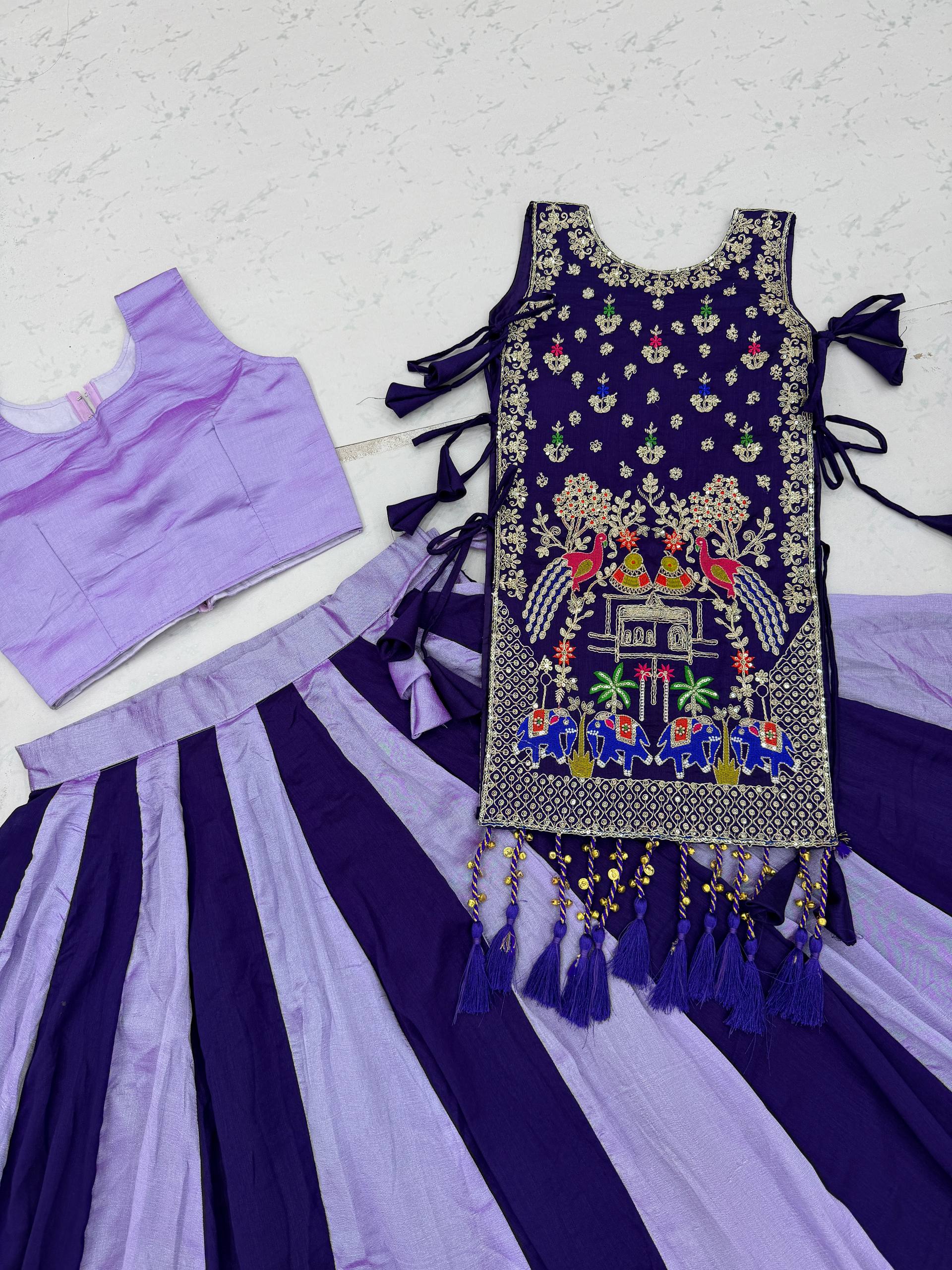 Royal Purple & Lavender Vichitra Silk Embroidered Lehenga Choli with Heavy Work Shrug