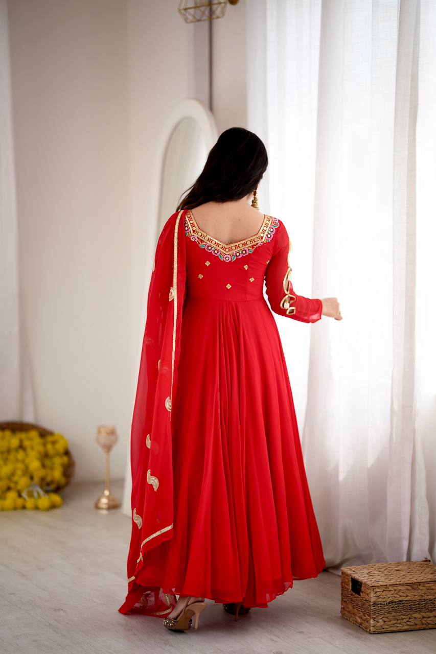 Ruby Red Faux Georgette Embroidered 7 Meter Flared Gown Pant Dupatta Set