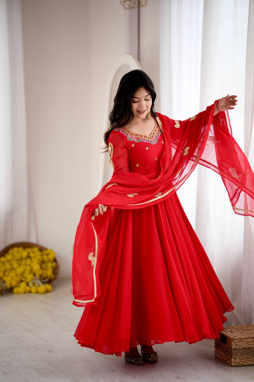 Ruby Red Faux Georgette Embroidered 7 Meter Flared Gown Pant Dupatta Set