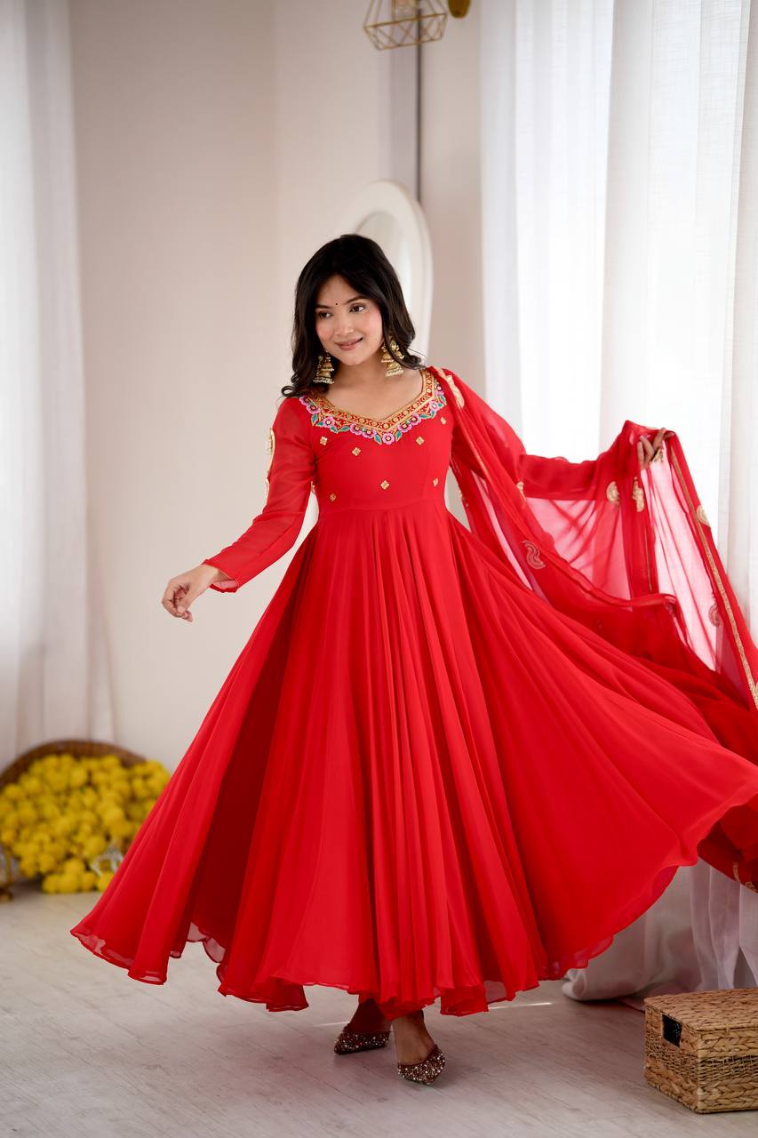 Ruby Red Faux Georgette Embroidered 7 Meter Flared Gown Pant Dupatta Set