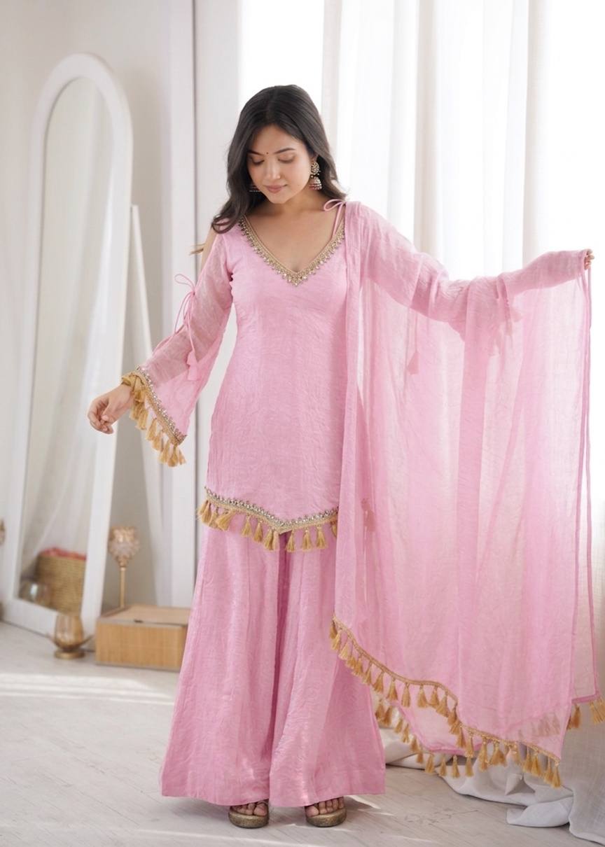 Blush Pink Doremon Crush Mirror Lace Palazzo Suit Set