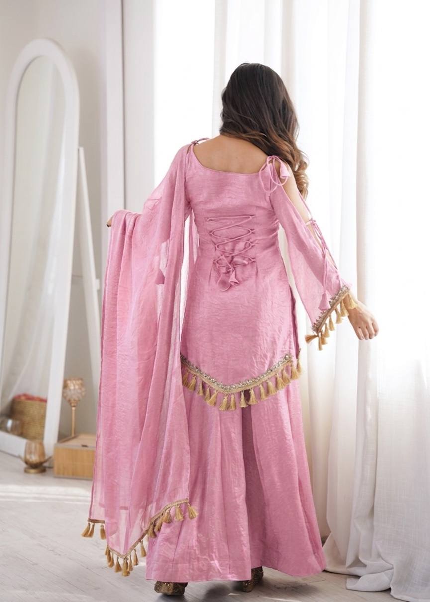 Blush Pink Doremon Crush Mirror Lace Palazzo Suit Set