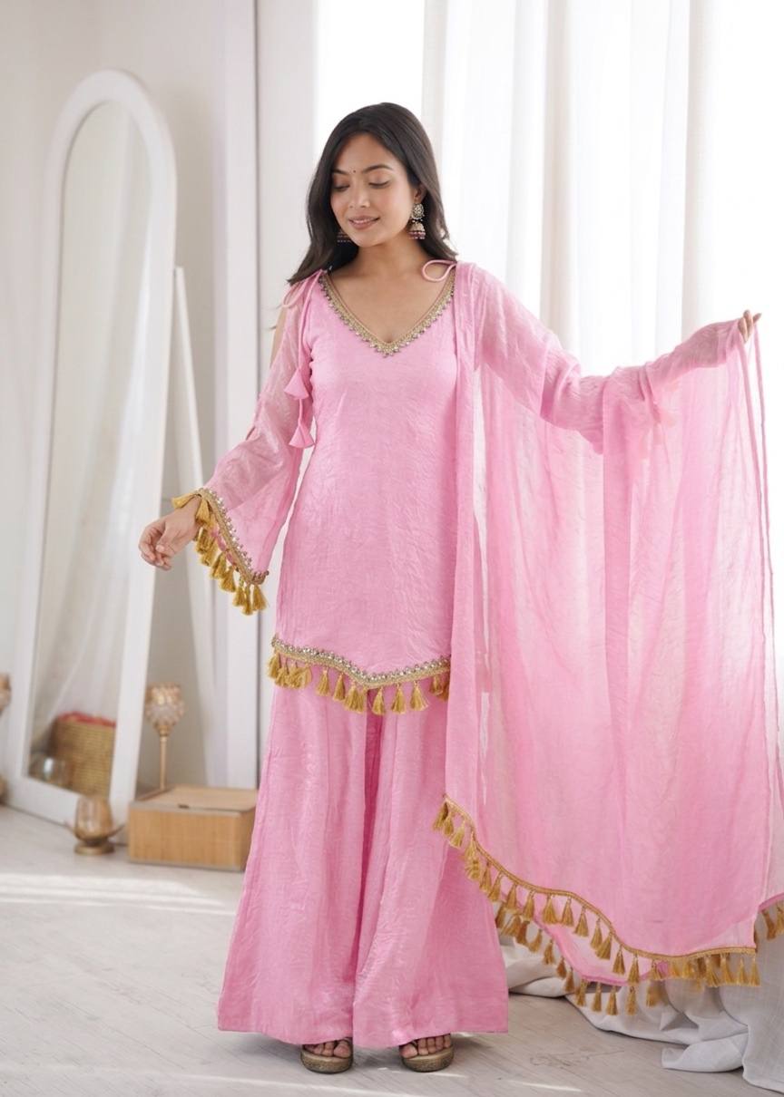 Blush Pink Doremon Crush Mirror Lace Palazzo Suit Set