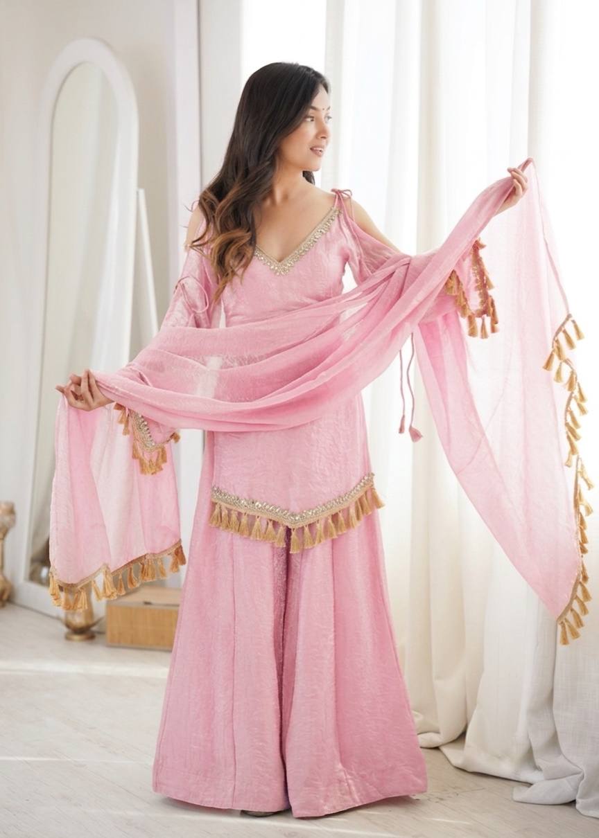 Blush Pink Doremon Crush Mirror Lace Palazzo Suit Set