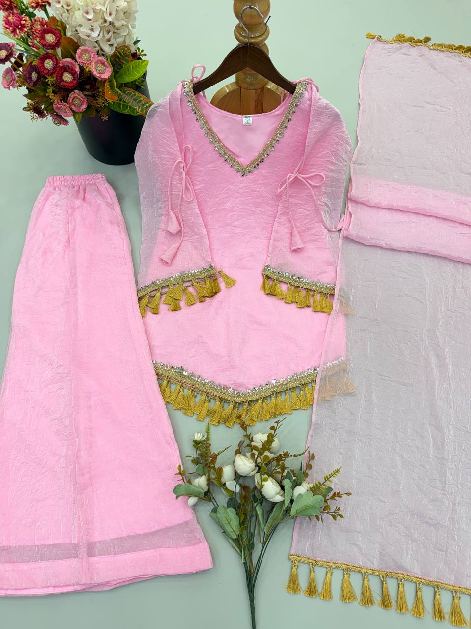 Blush Pink Doremon Crush Mirror Lace Palazzo Suit Set