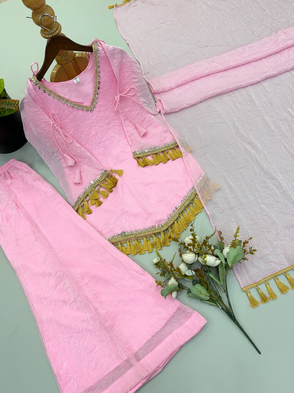 Blush Pink Doremon Crush Mirror Lace Palazzo Suit Set