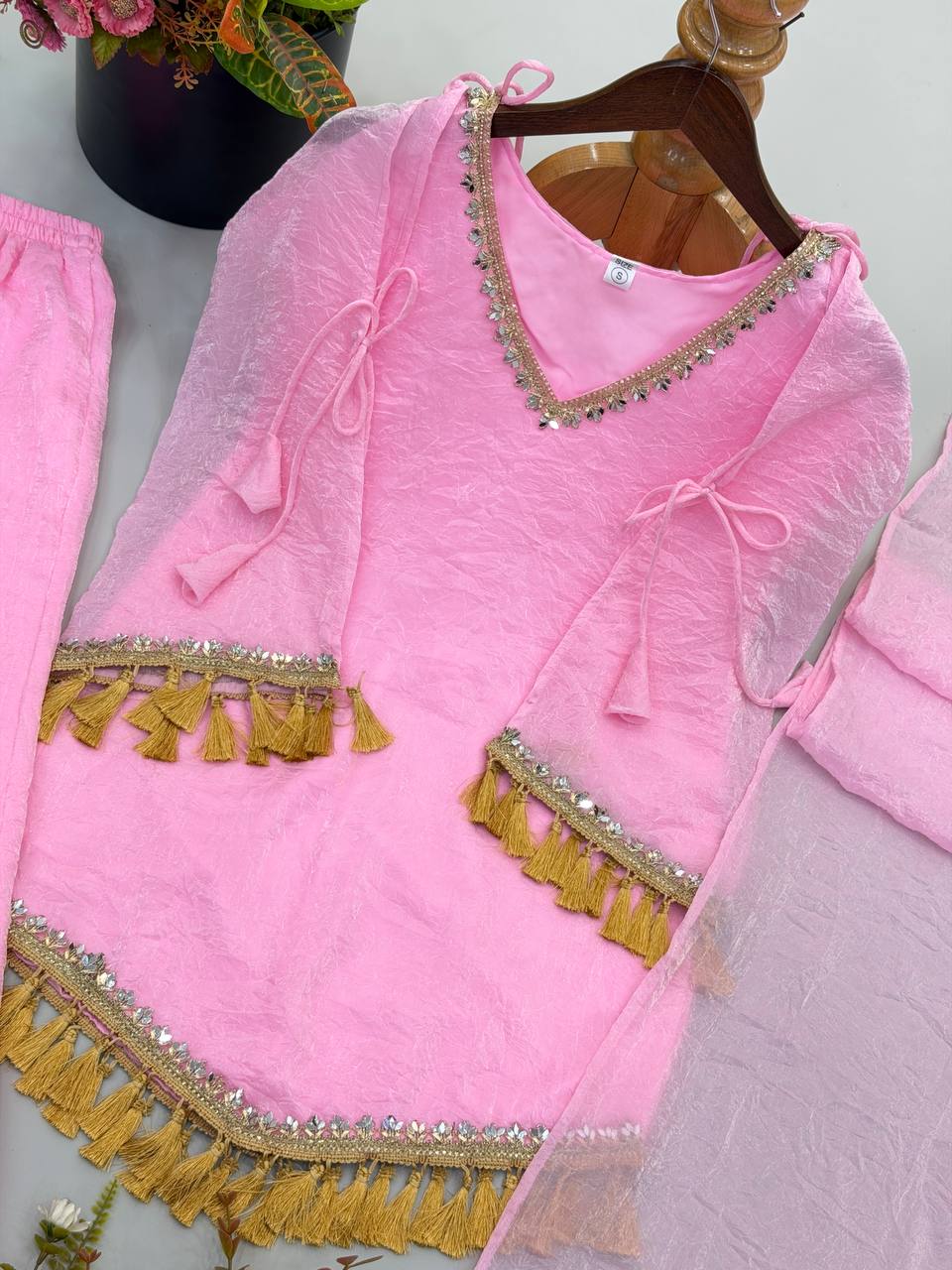 Blush Pink Doremon Crush Mirror Lace Palazzo Suit Set