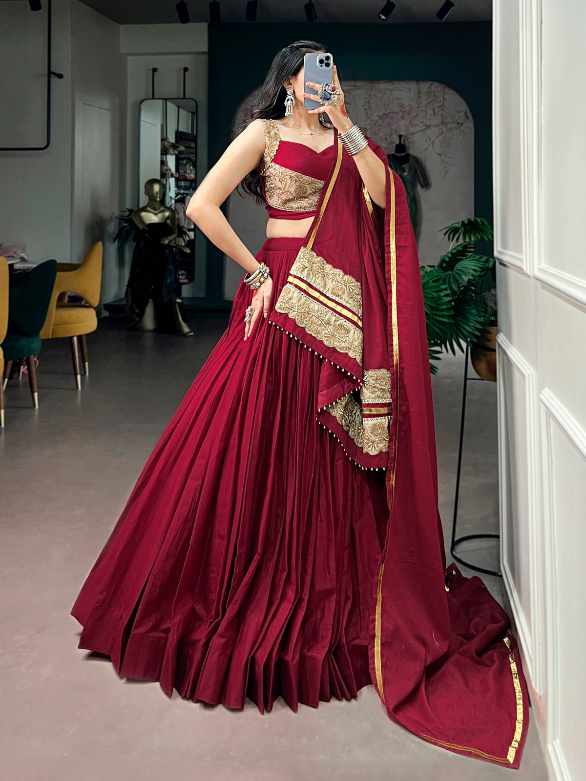 Wine Maroon Mal Cotton 8 Meter Flair Lehenga Choli with Embroidered Blouse & Dupatta