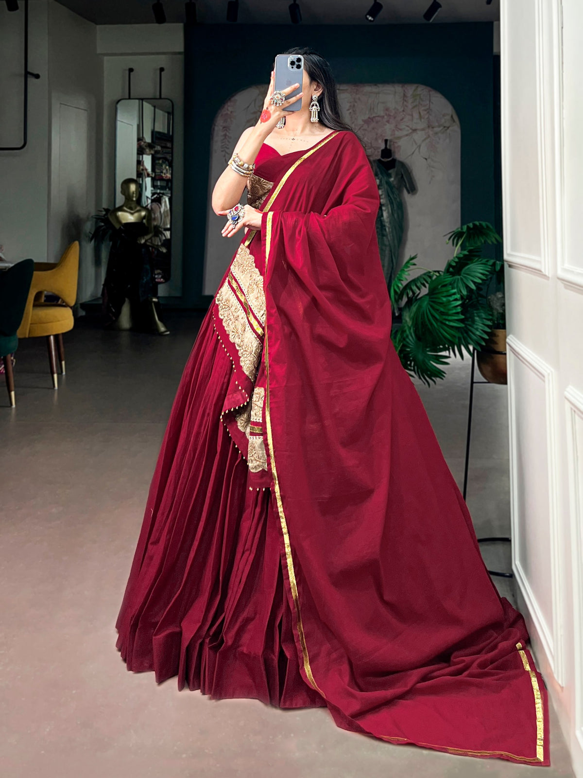 Wine Maroon Mal Cotton 8 Meter Flair Lehenga Choli with Embroidered Blouse & Dupatta