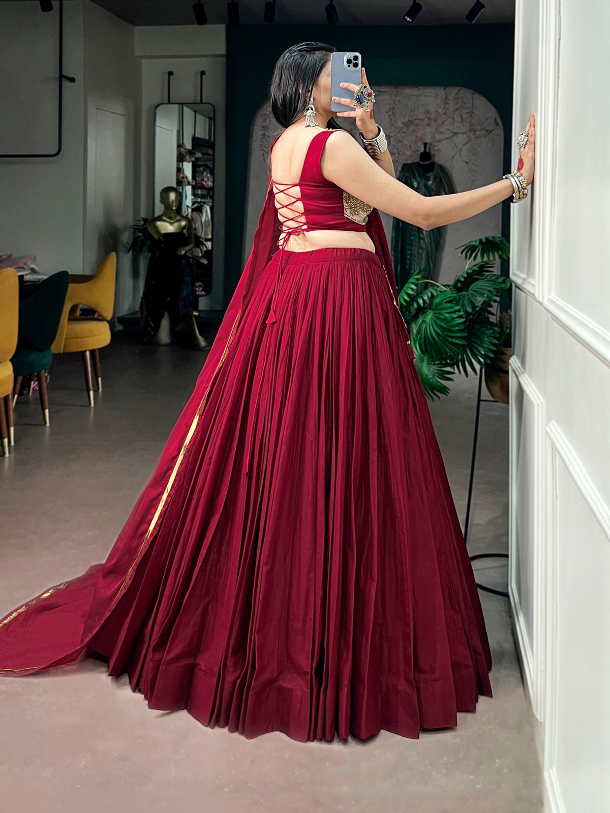 Wine Maroon Mal Cotton 8 Meter Flair Lehenga Choli with Embroidered Blouse & Dupatta