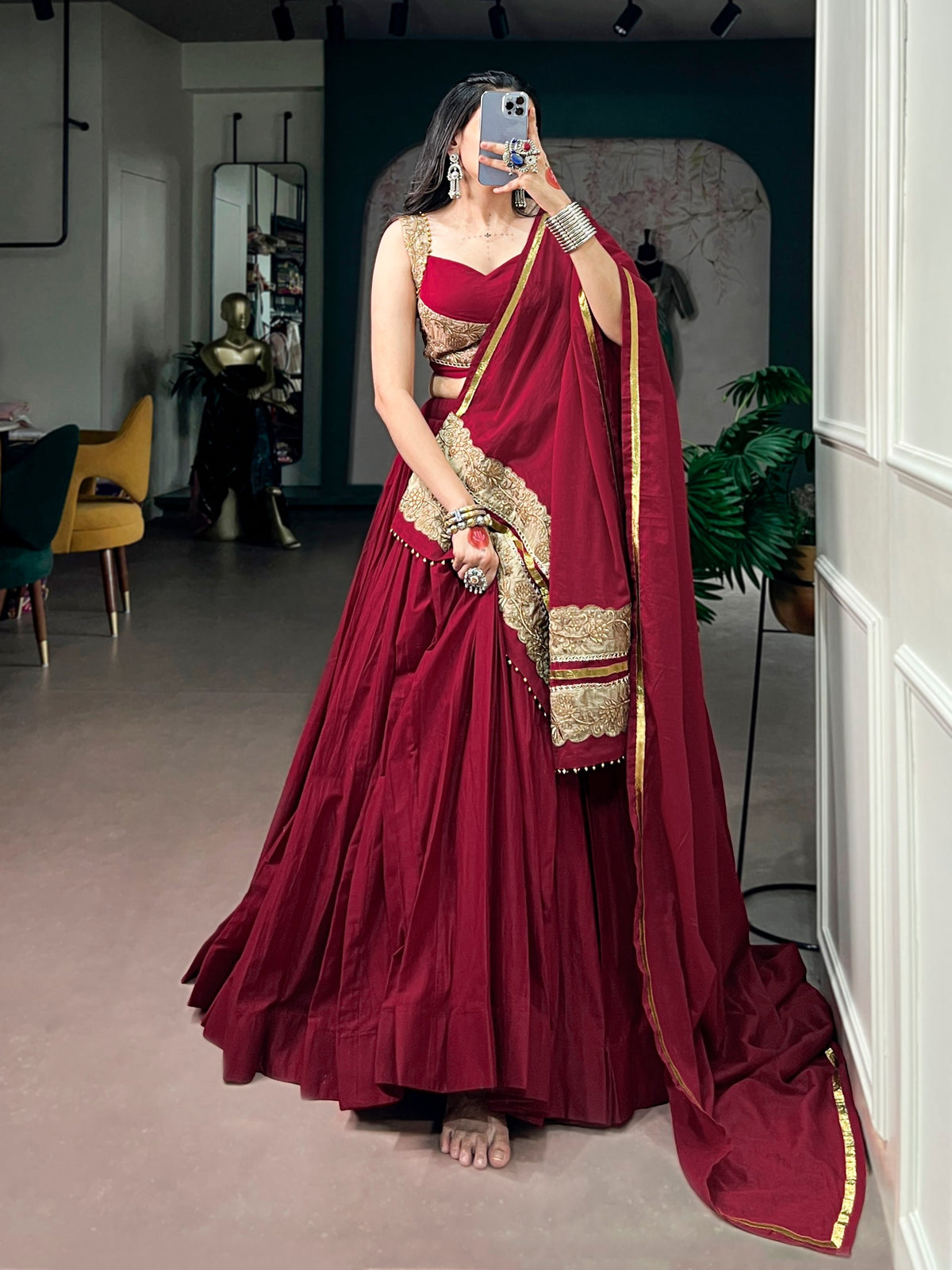 Wine Maroon Mal Cotton 8 Meter Flair Lehenga Choli with Embroidered Blouse & Dupatta