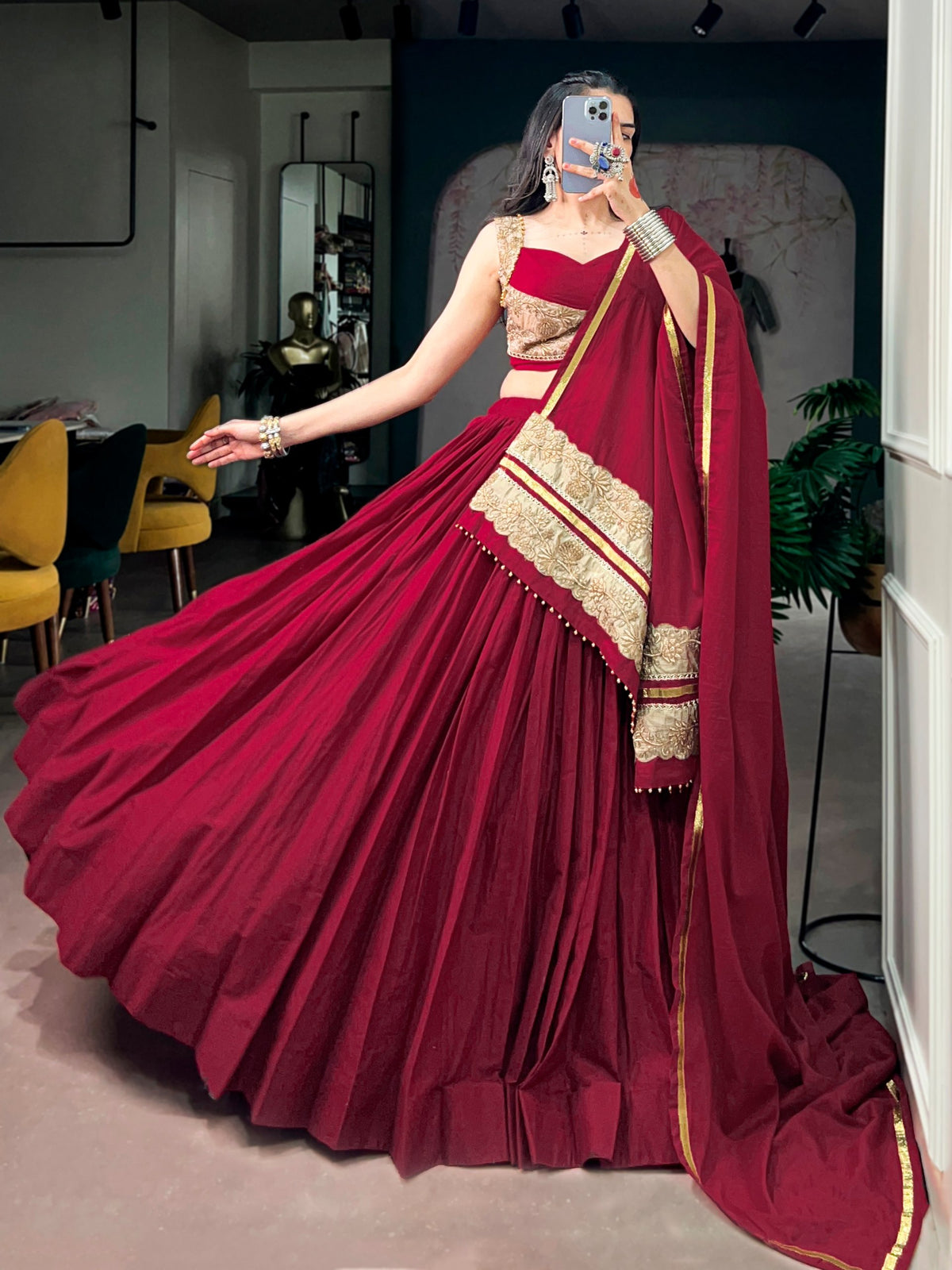 Wine Maroon Mal Cotton 8 Meter Flair Lehenga Choli with Embroidered Blouse & Dupatta