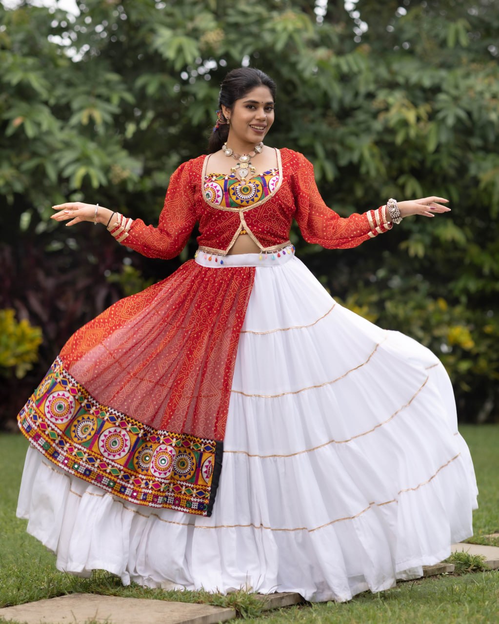 Rust Orange Bandhani Koti Lehenga Set with White Frill Skirt | Navratri Chaniya Choli