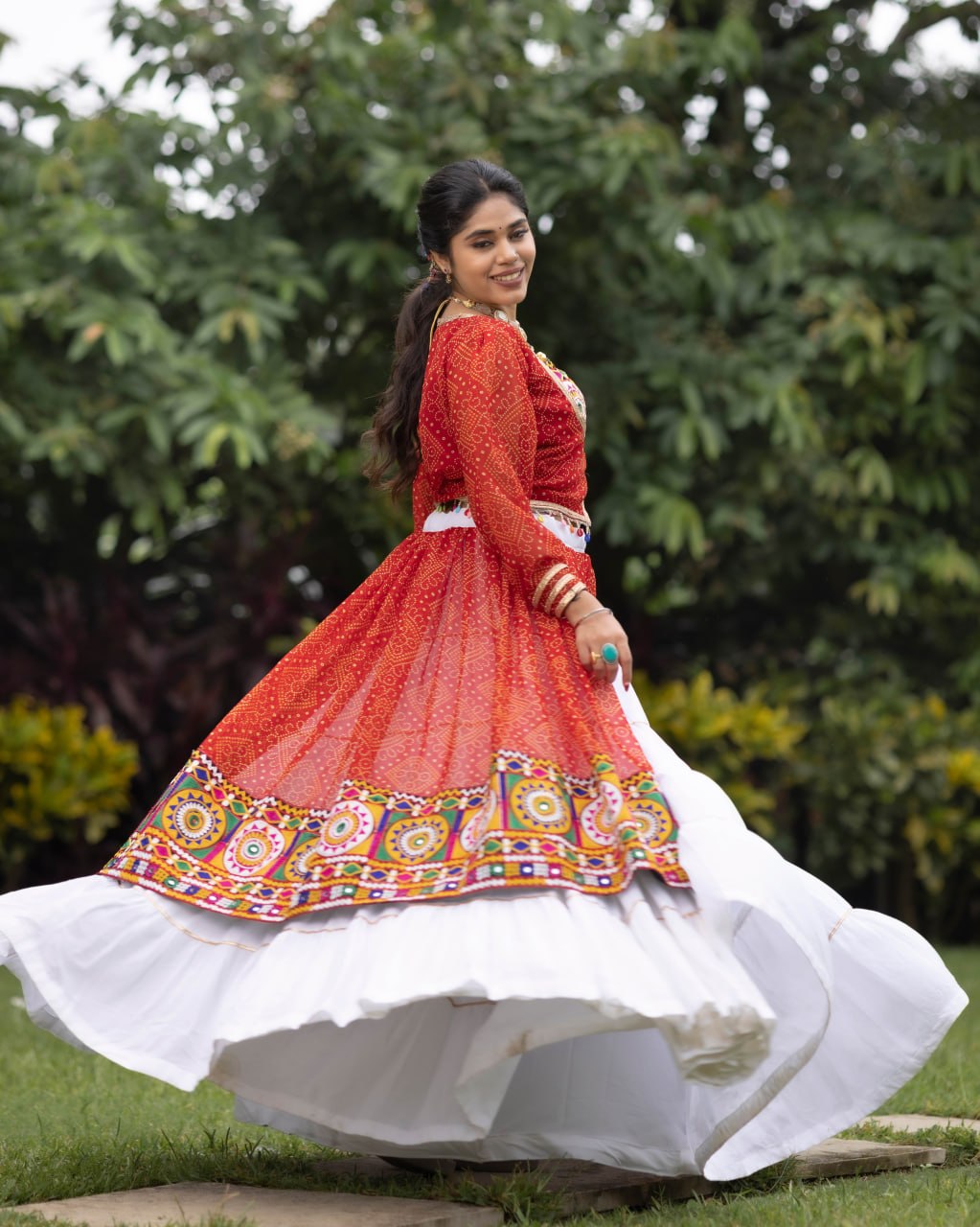 Rust Orange Bandhani Koti Lehenga Set with White Frill Skirt | Navratri Chaniya Choli
