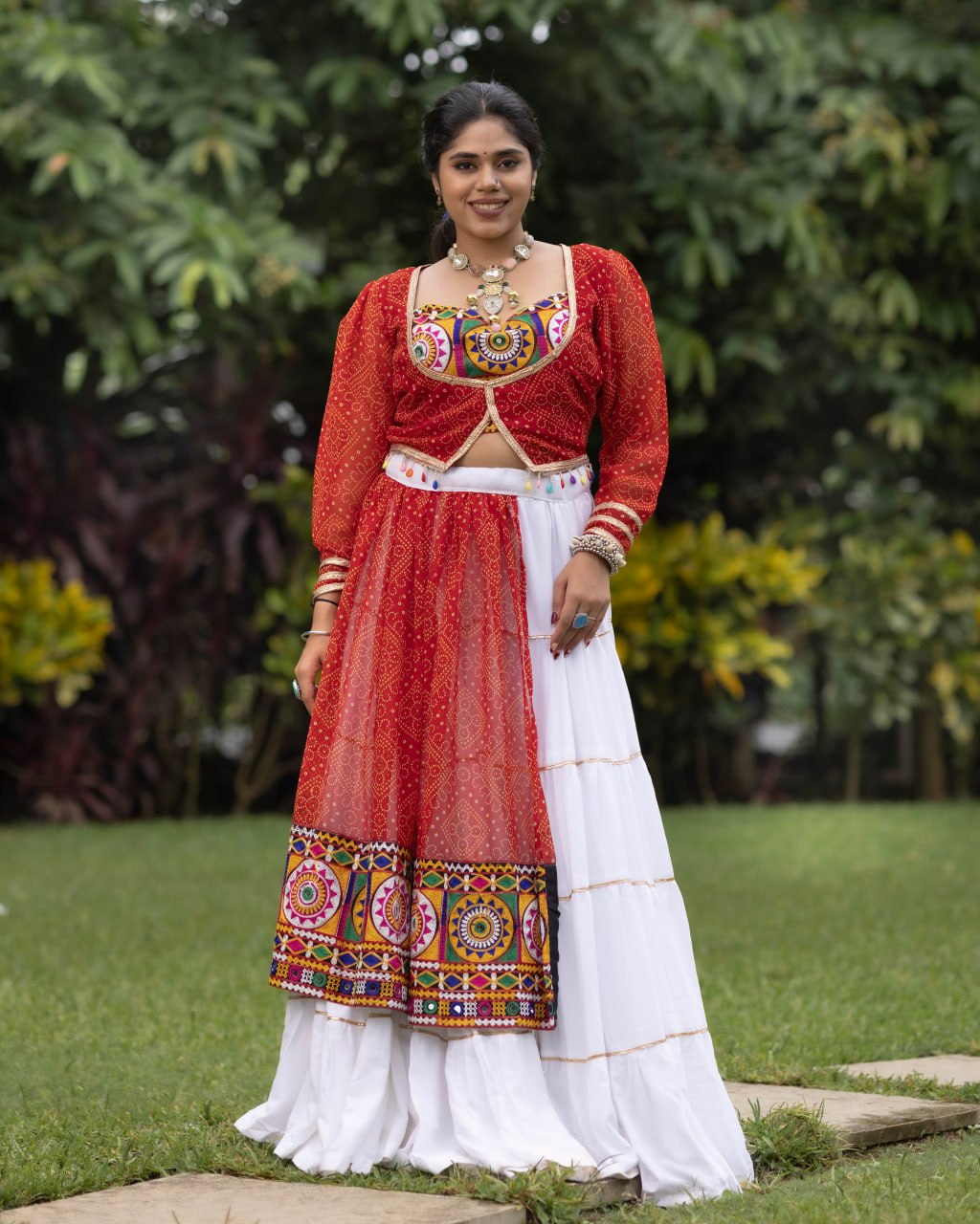 Rust Orange Bandhani Koti Lehenga Set with White Frill Skirt | Navratri Chaniya Choli