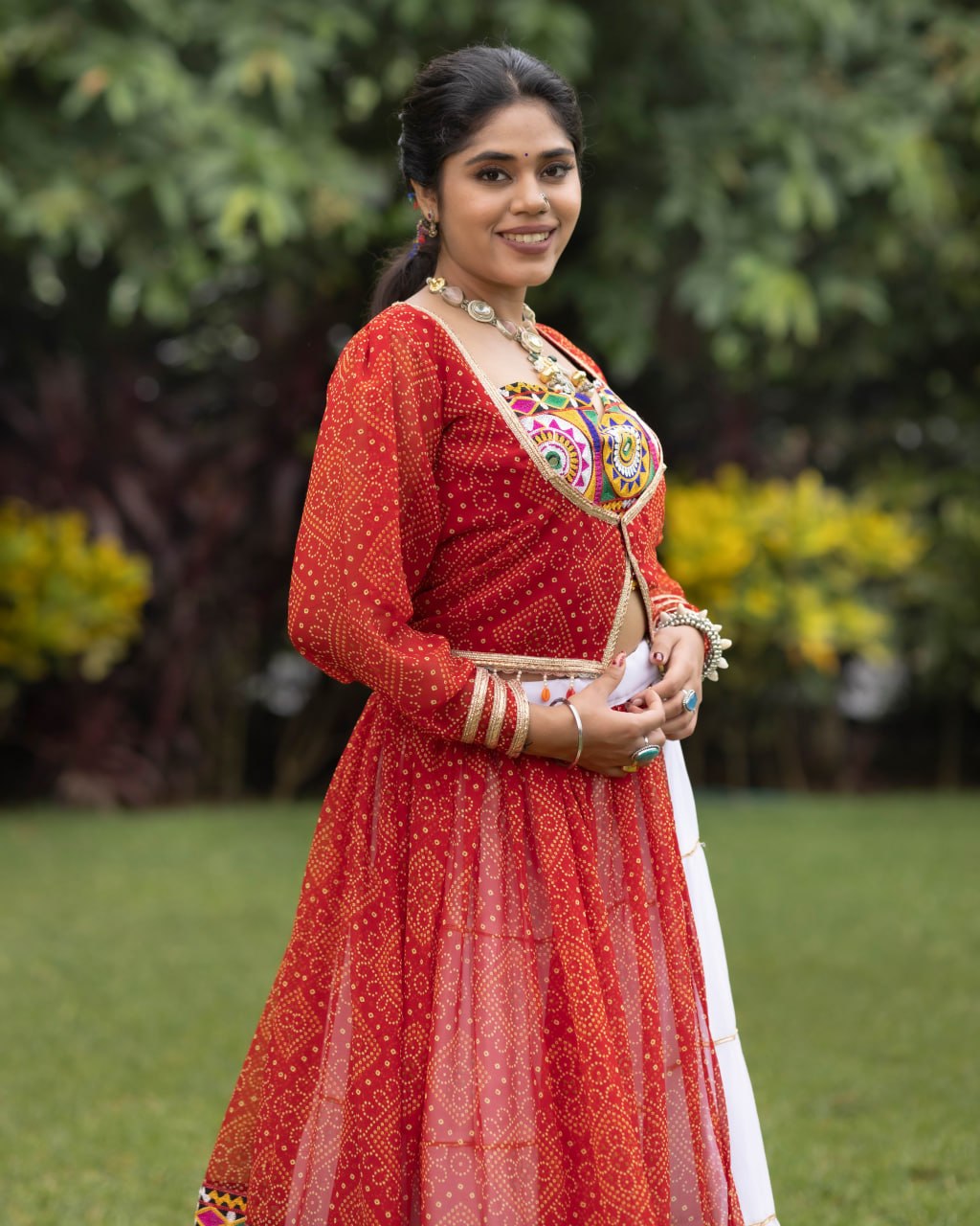 Rust Orange Bandhani Koti Lehenga Set with White Frill Skirt | Navratri Chaniya Choli