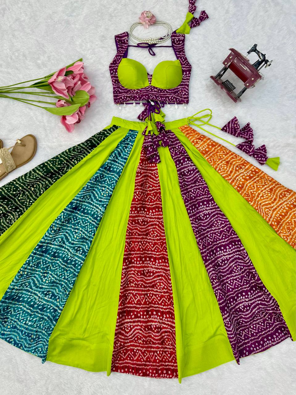 Lime Green Multicolor Digital Print Lehenga Choli Set | 6 Meter Flair