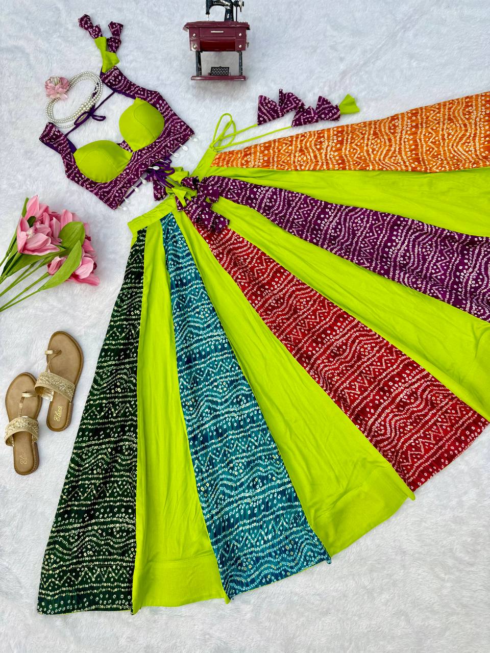 Lime Green Multicolor Digital Print Lehenga Choli Set | 6 Meter Flair