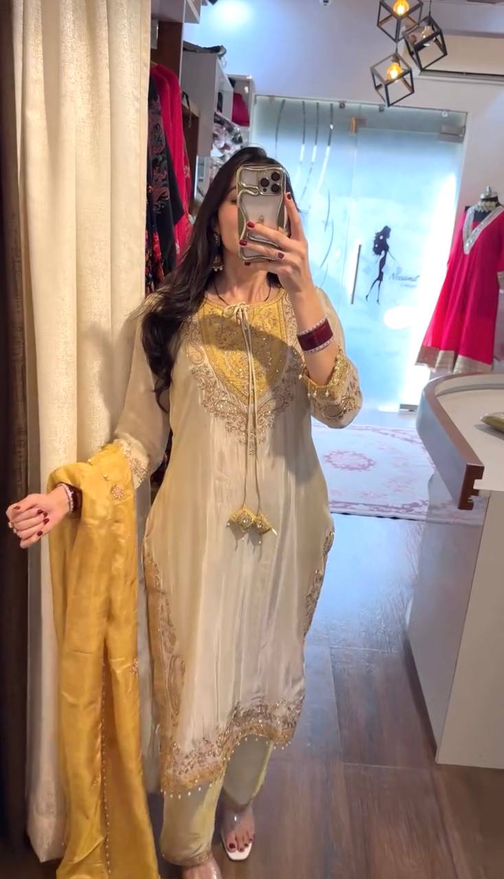 Ivory Cream & Mustard Yellow Ronald Silk Embroidered Suit Set with Dupatta