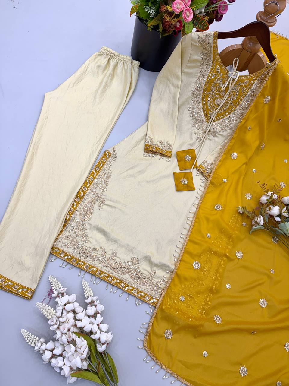 Ivory Cream & Mustard Yellow Ronald Silk Embroidered Suit Set with Dupatta
