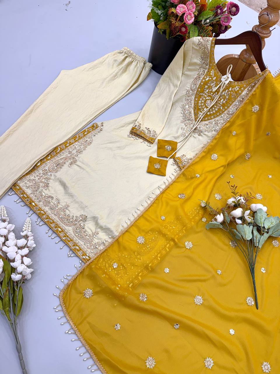 Ivory Cream & Mustard Yellow Ronald Silk Embroidered Suit Set with Dupatta