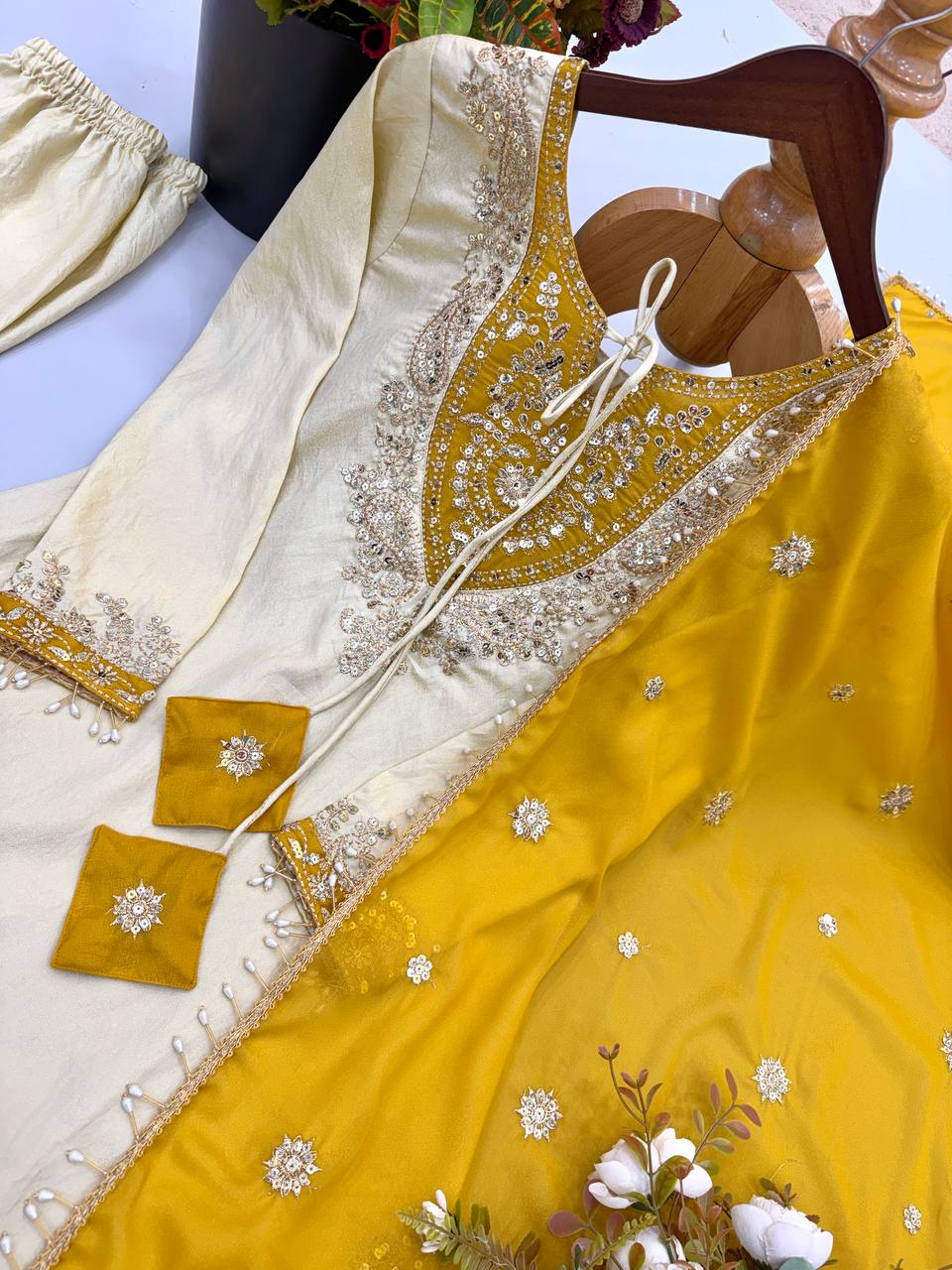 Ivory Cream & Mustard Yellow Ronald Silk Embroidered Suit Set with Dupatta
