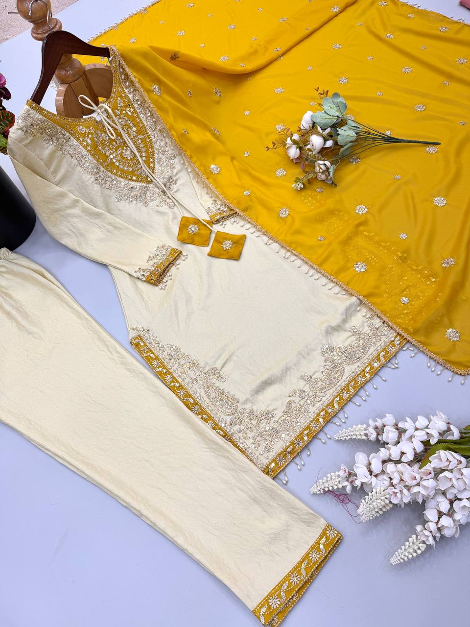 Ivory Cream & Mustard Yellow Ronald Silk Embroidered Suit Set with Dupatta