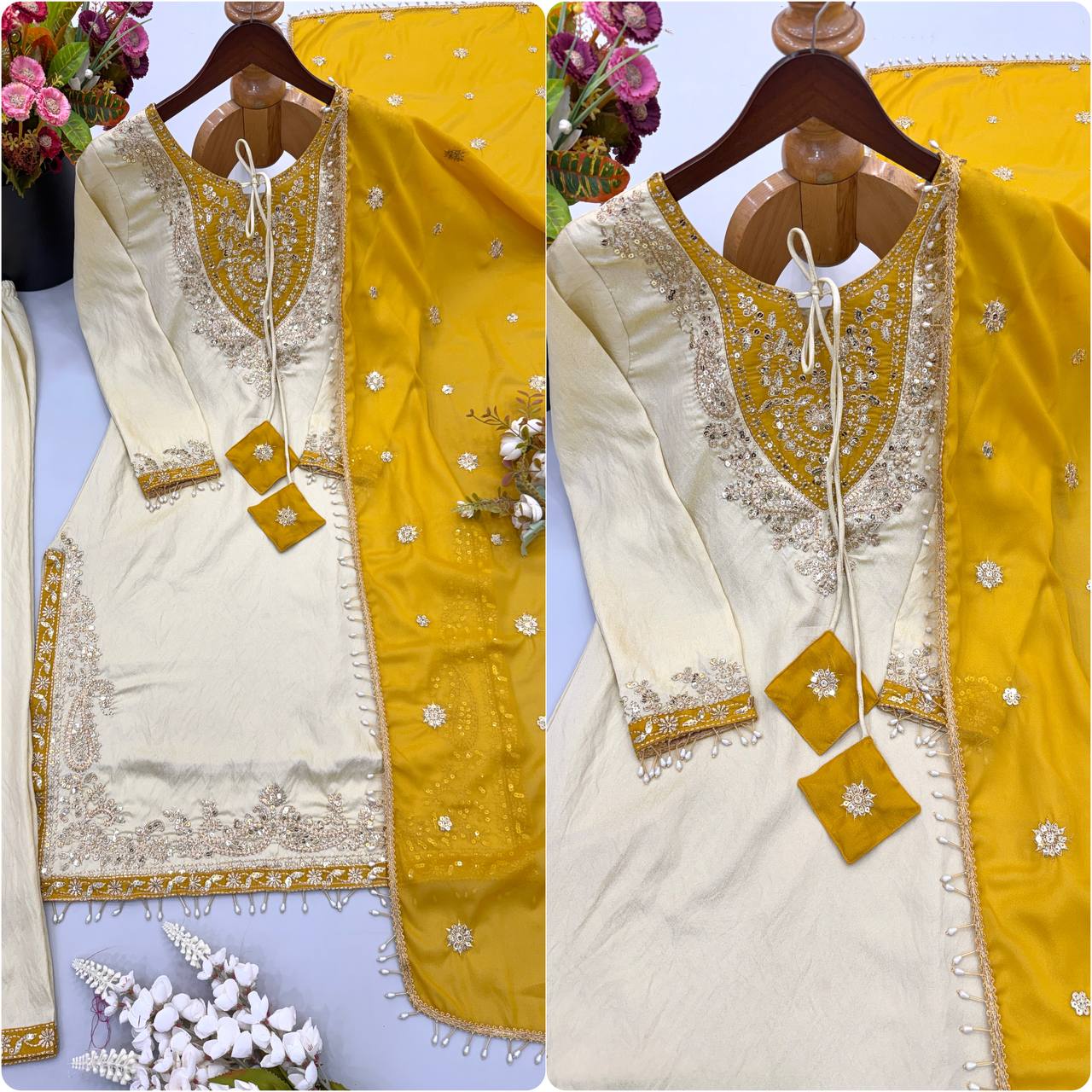 Ivory Cream & Mustard Yellow Ronald Silk Embroidered Suit Set with Dupatta
