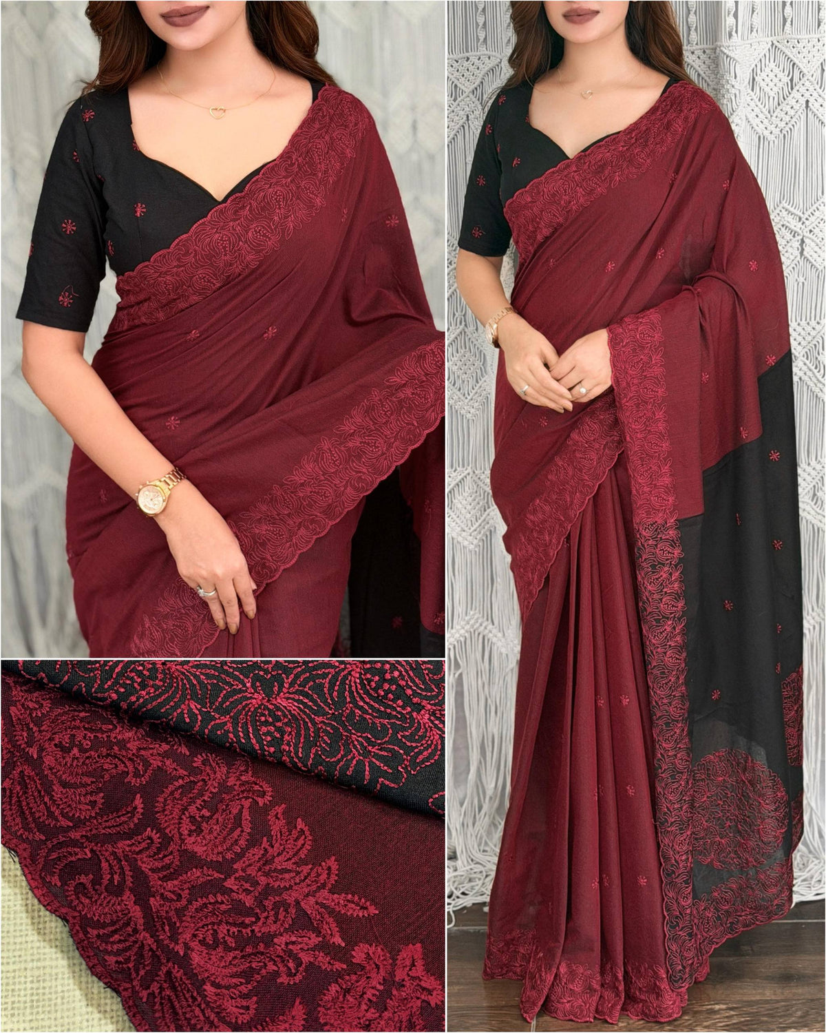 Wine Maroon & Black Pure Mul Cotton Saree with Embroidered Cutwork Border
