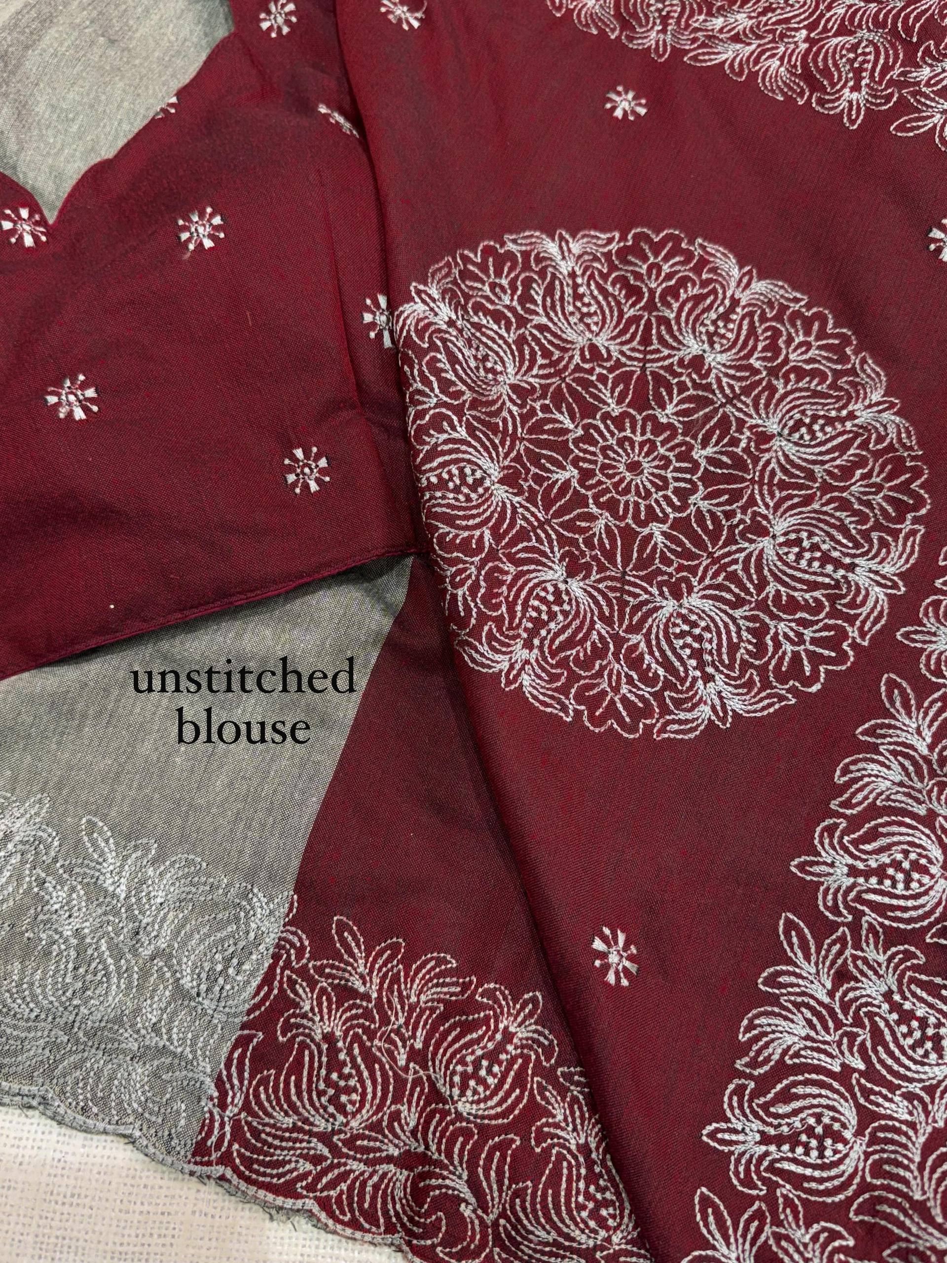Maroon & Grey Mul Cotton Saree with Contrast Embroidered Border