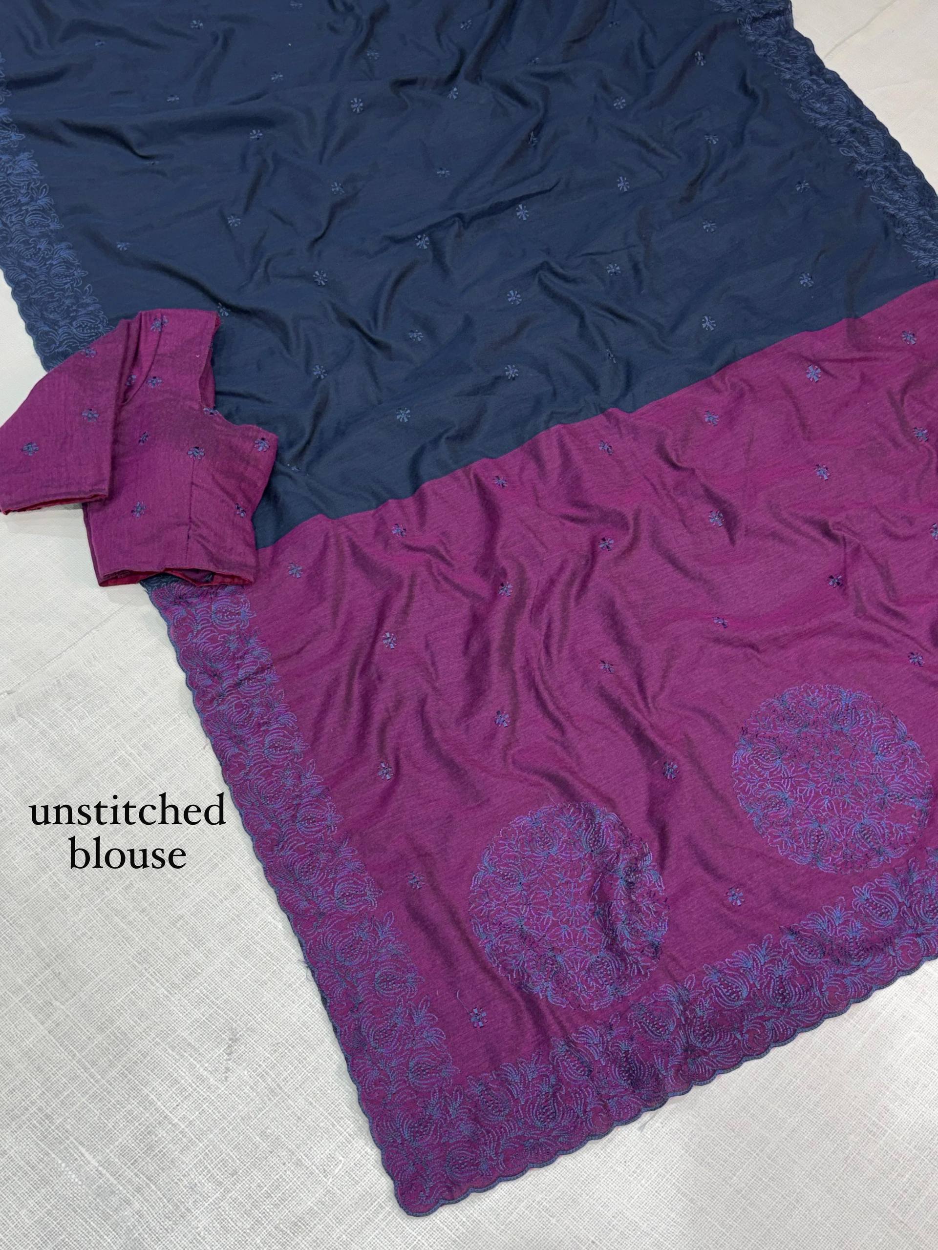 Navy Blue & Wine Pure Mul Cotton Saree with Contrast Embroidered Cutwork Border