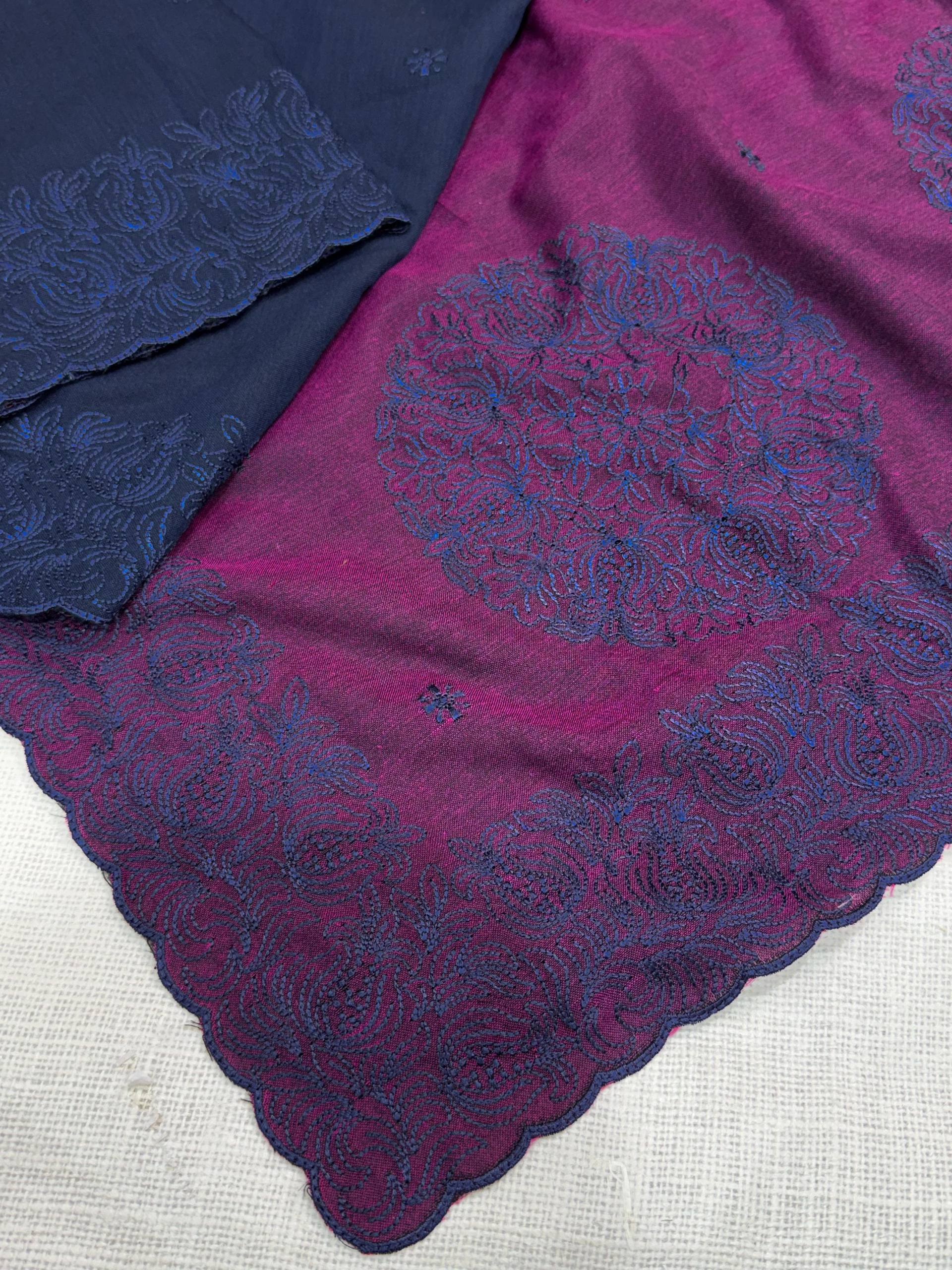 Navy Blue & Wine Pure Mul Cotton Saree with Contrast Embroidered Cutwork Border