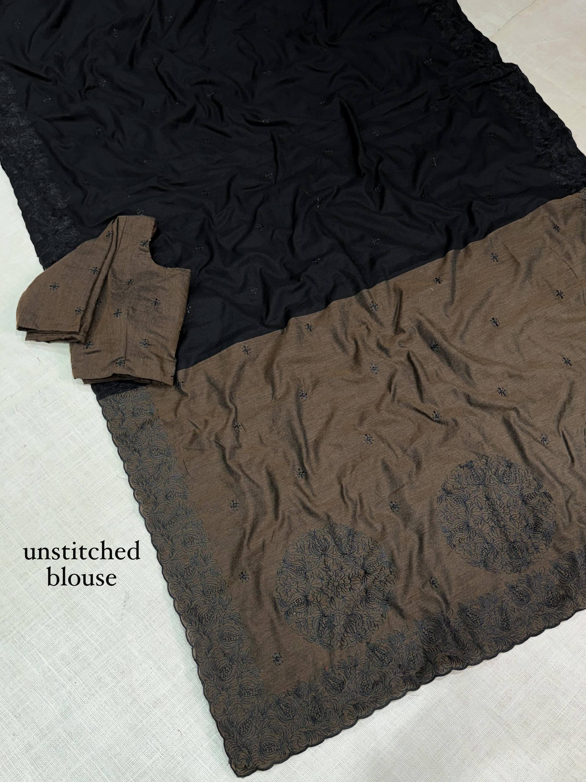 Black & Coffee Brown Pure Mul Cotton Saree with Contrast Embroidery & Cutwork Border