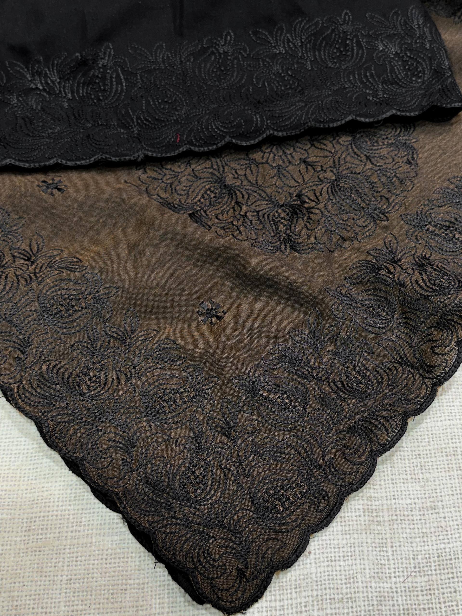 Black & Coffee Brown Pure Mul Cotton Saree with Contrast Embroidery & Cutwork Border