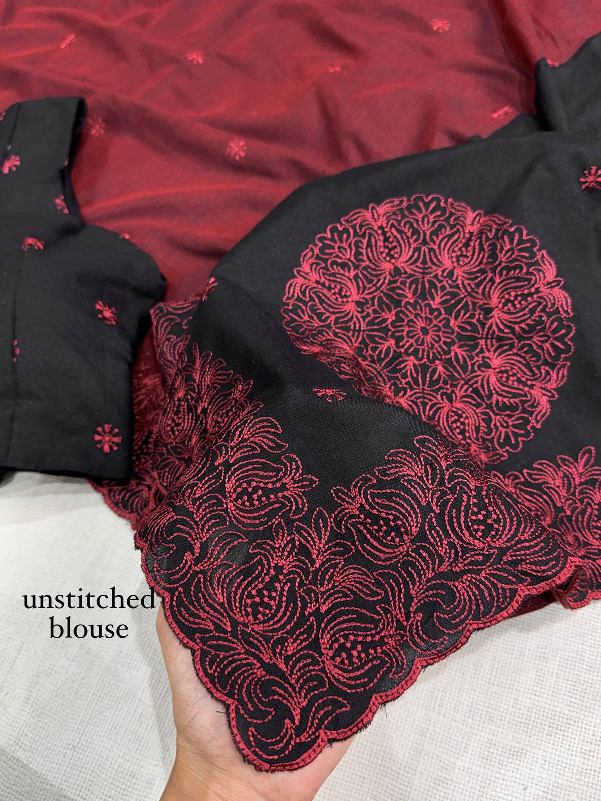 Wine Maroon & Black Pure Mul Cotton Saree with Embroidered Cutwork Border