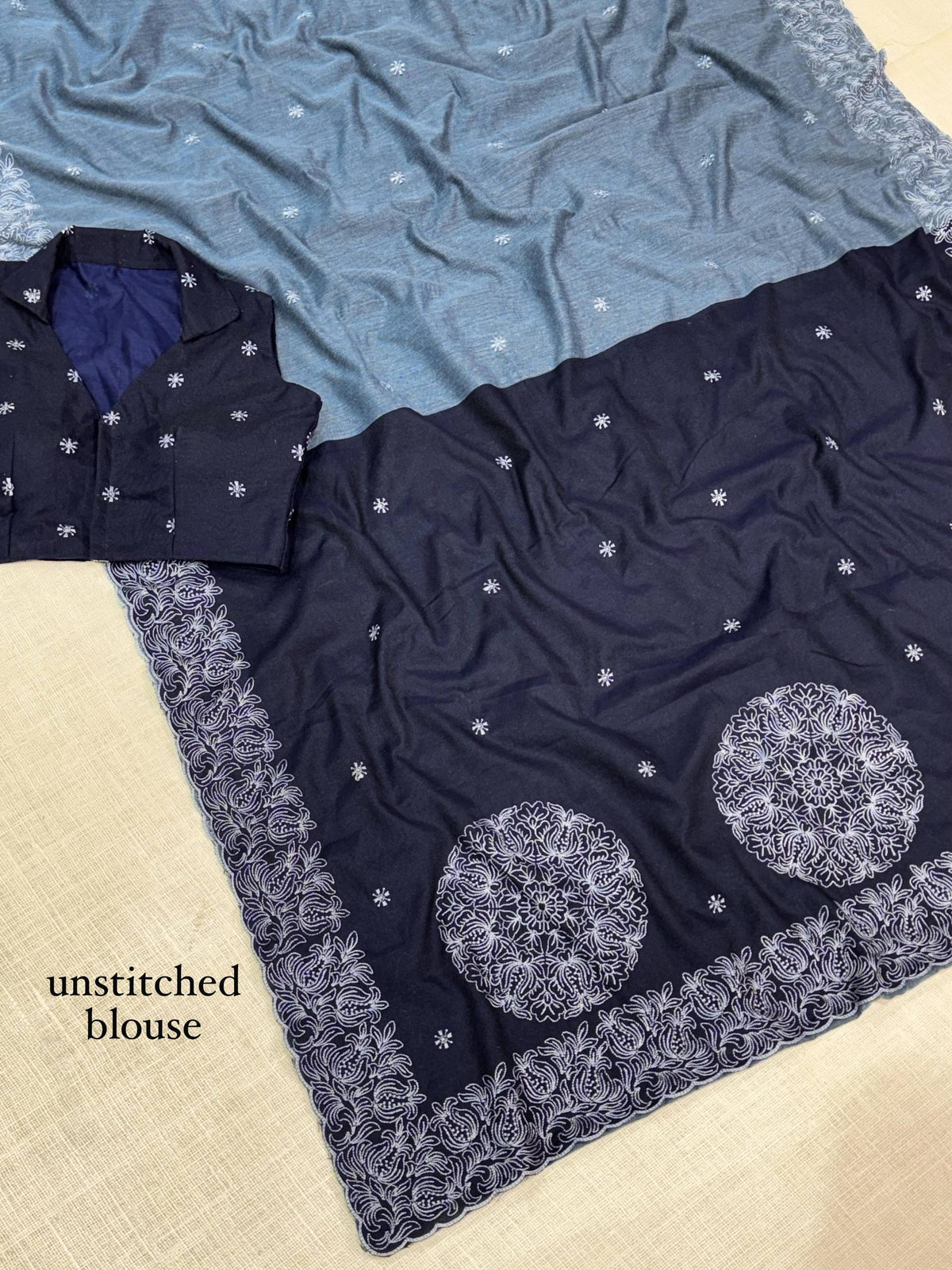 Dusty Slate Blue & Navy Blue Pure Mul Cotton Saree with Embroidered Cutwork Border